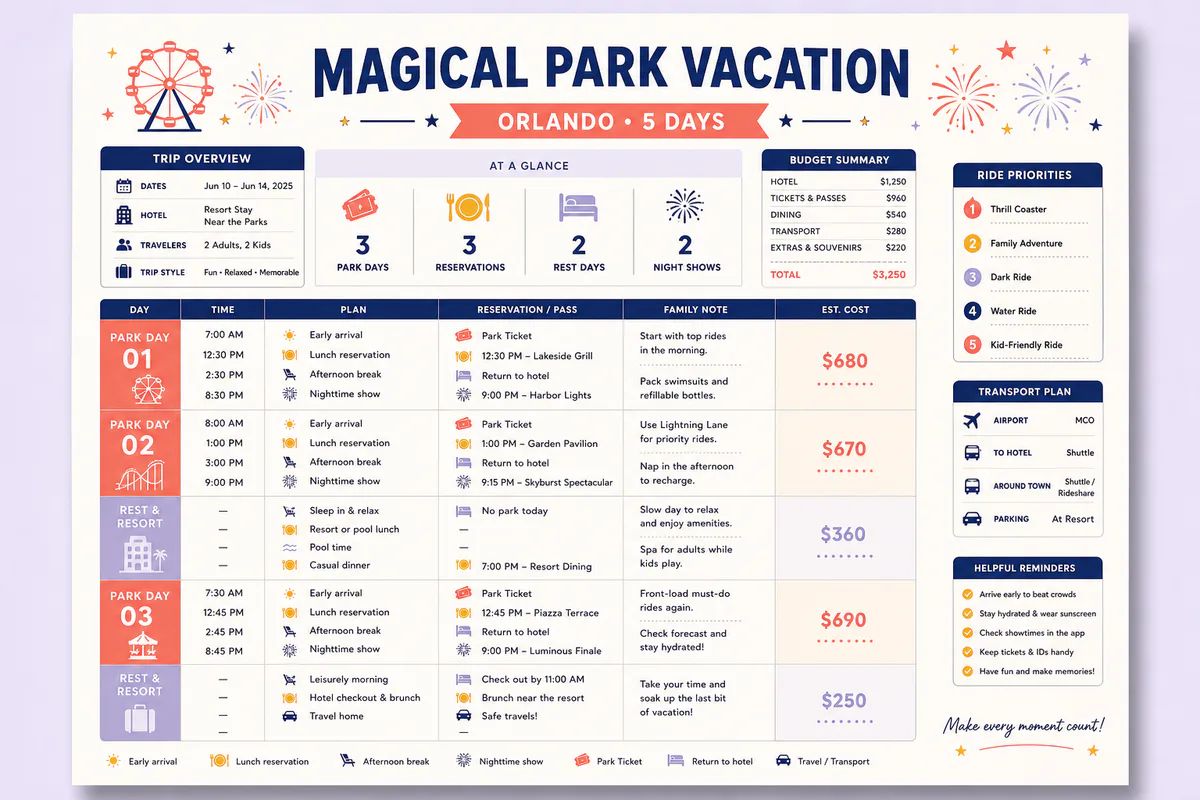 Disney travel itinerary template preview with park days, ride priorities, dining reservations, rest breaks, transport, family notes, and budget