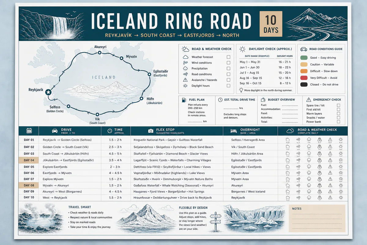 Iceland travel itinerary preview with Ring Road route, drive times, overnight bases, road and weather checks, daylight, fuel, flexible stops, and costs
