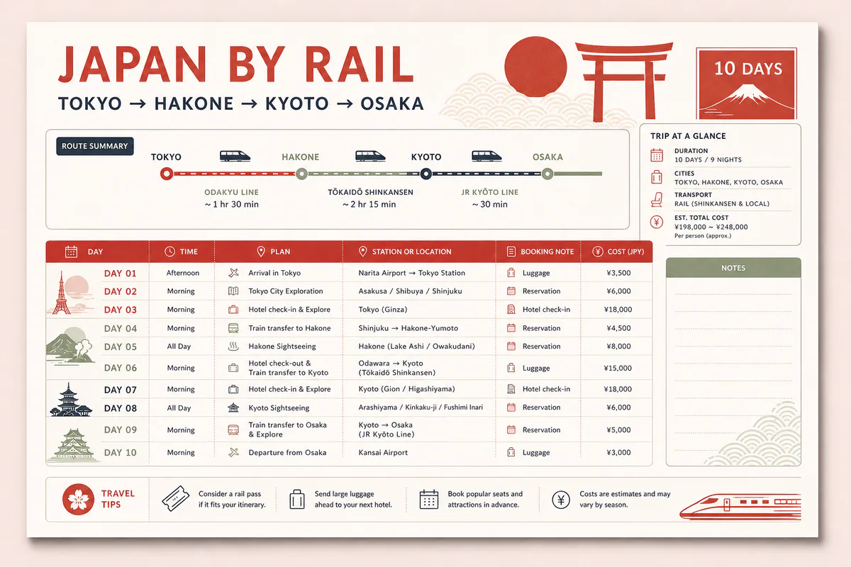 Japan travel itinerary template preview with Tokyo, Hakone, Kyoto and Osaka route, train transfers, hotels, reservations, luggage notes, and yen costs