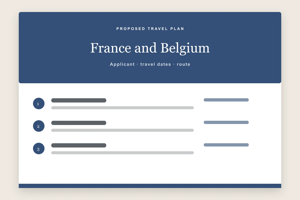 Travel itinerary template for visa application preview with applicant, route, transport, accommodation, and daily plans