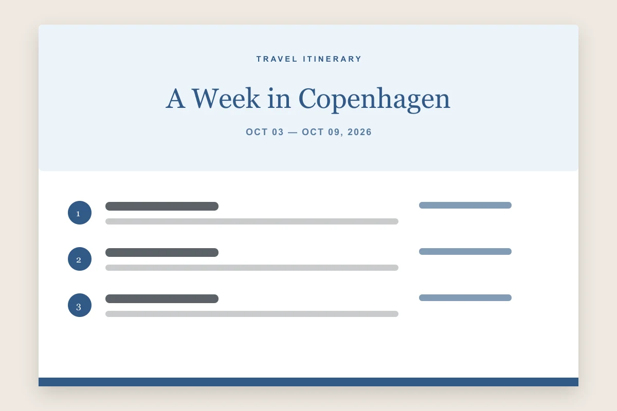 Travel itinerary template Word document preview with a blue cover, trip dates, and formatted daily schedule