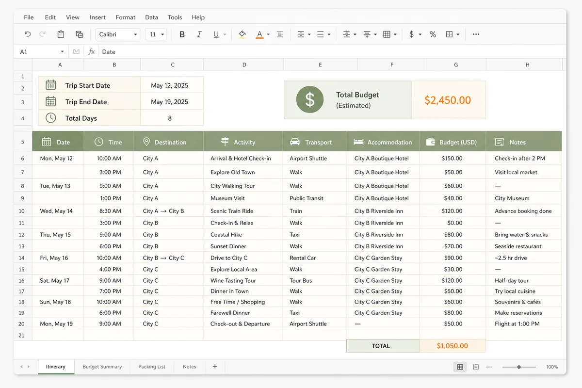 Travel Itinerary Template Excel preview with dates, destinations, activities, transport, accommodation, budget, and notes columns