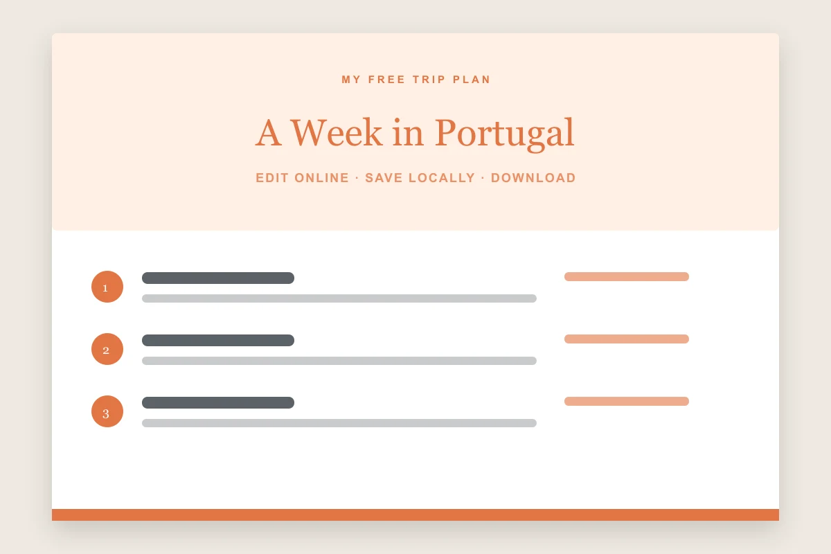 Travel itinerary template free online preview with trip dates, destinations, daily activities, transport, bookings, and notes