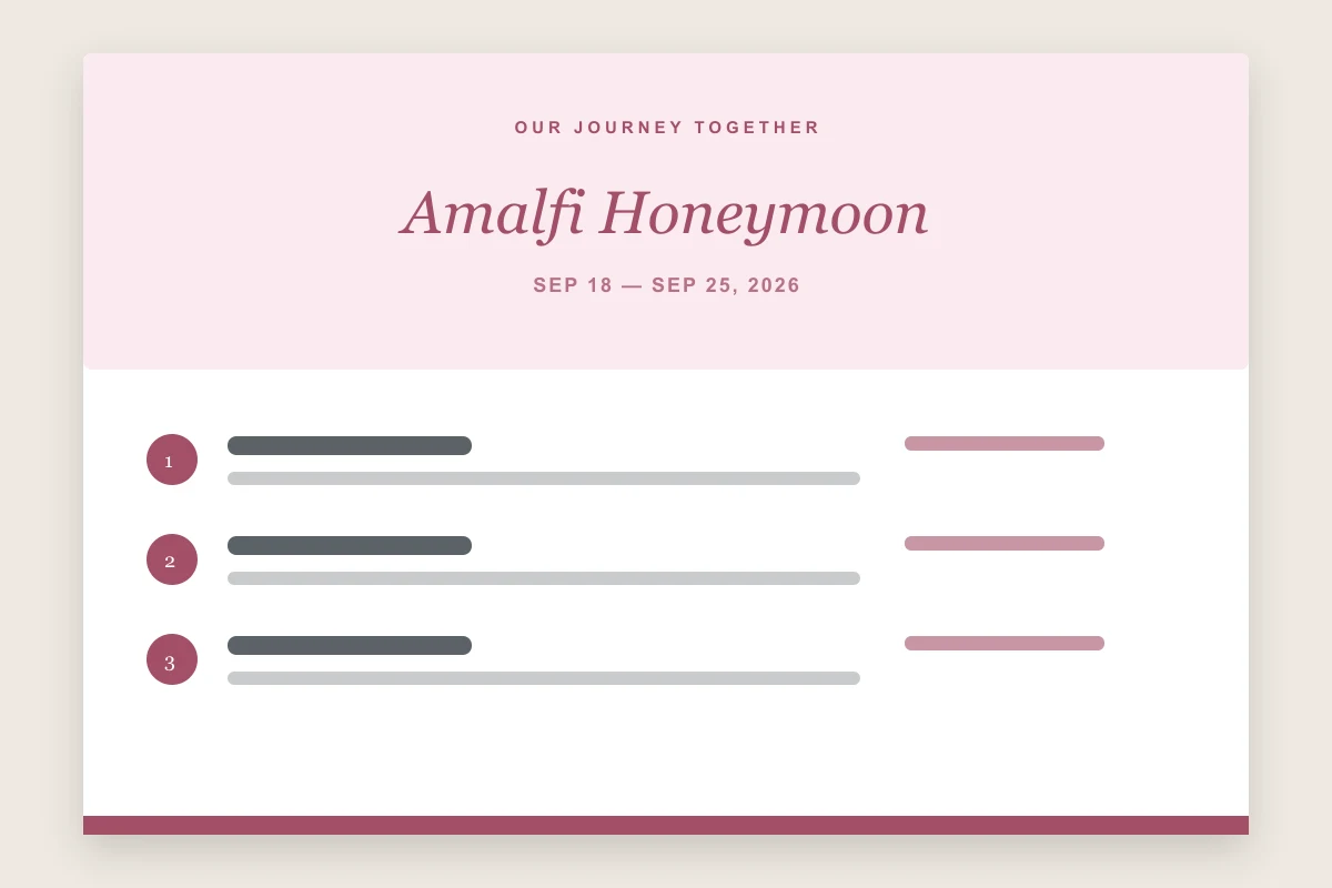Honeymoon travel itinerary template preview with romantic typography, reservations, couple activities, and special notes