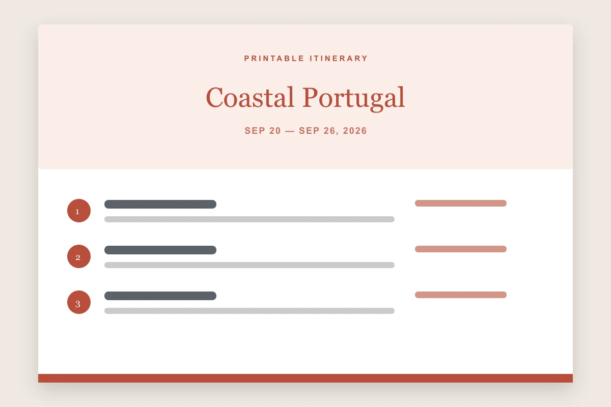 Printable PDF travel itinerary template preview with a terracotta title, trip summary, and day-by-day plans